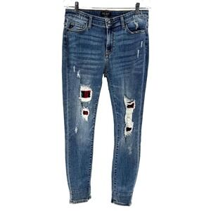 Judy Blue Distressed Buffalo Plaid Patch Skinny Jeans Women's 11 Stretch Ankle